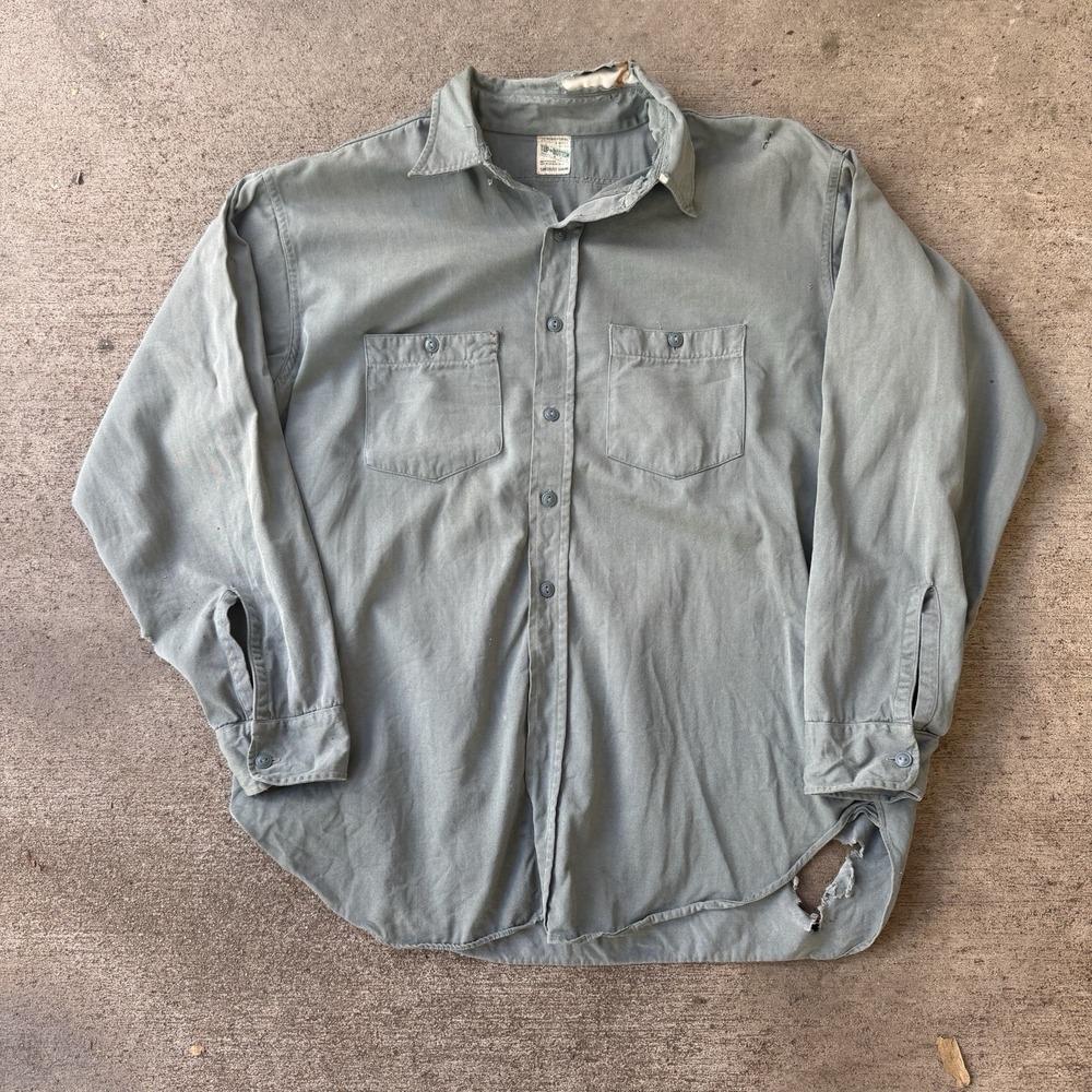 Vintage 40s 50s JC Penney Co Work Shirt Sage Green Large Gussets Sanforized